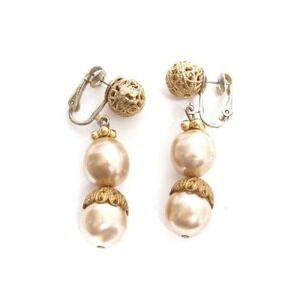 Vintage beautiful Champagne Faux Pearl Gold Filigree Dangle Drop Earrings